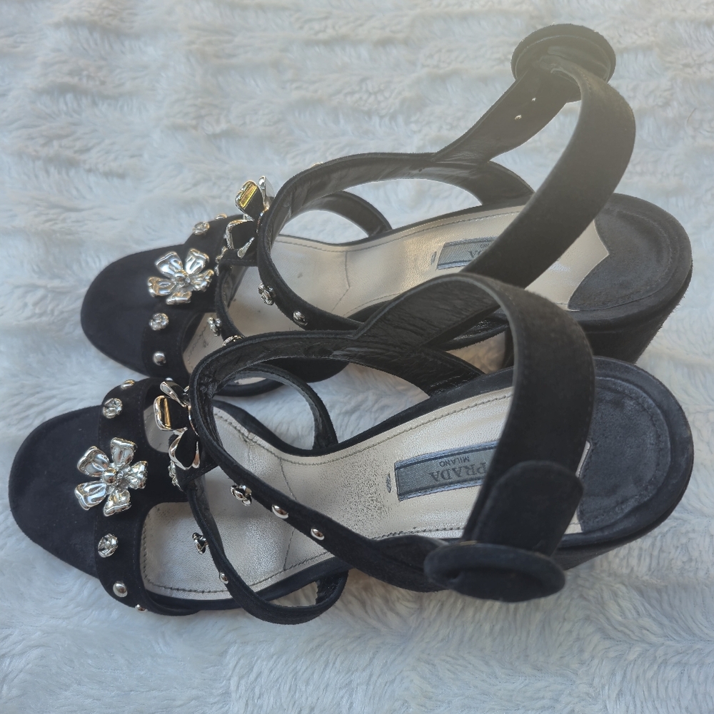 Prada Black Suede Multi-Strap Heels with Crystal Flower Accents - Picture 2 of 11